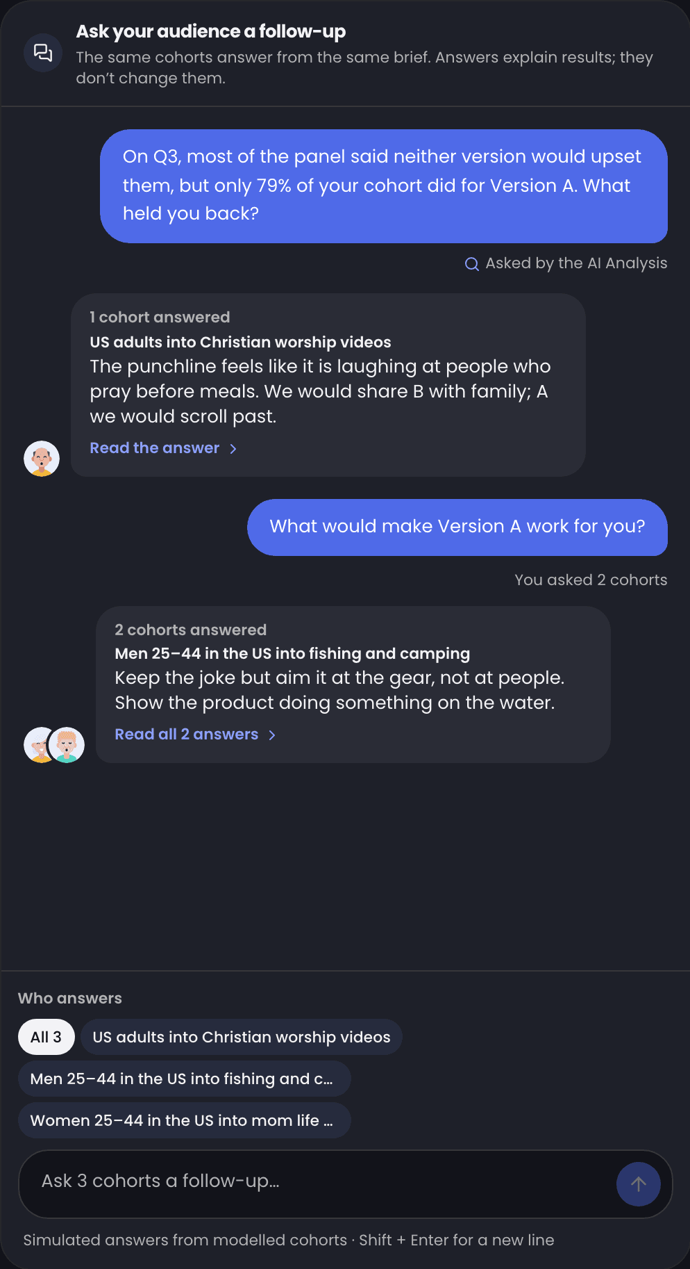 A follow-up chat where audience cohorts explain their answers